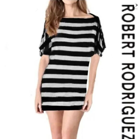 Robert Rodriguez Jersey Dress Gray Black Stripe Sleeve /Side Detail Size Large - Picture 1 of 13